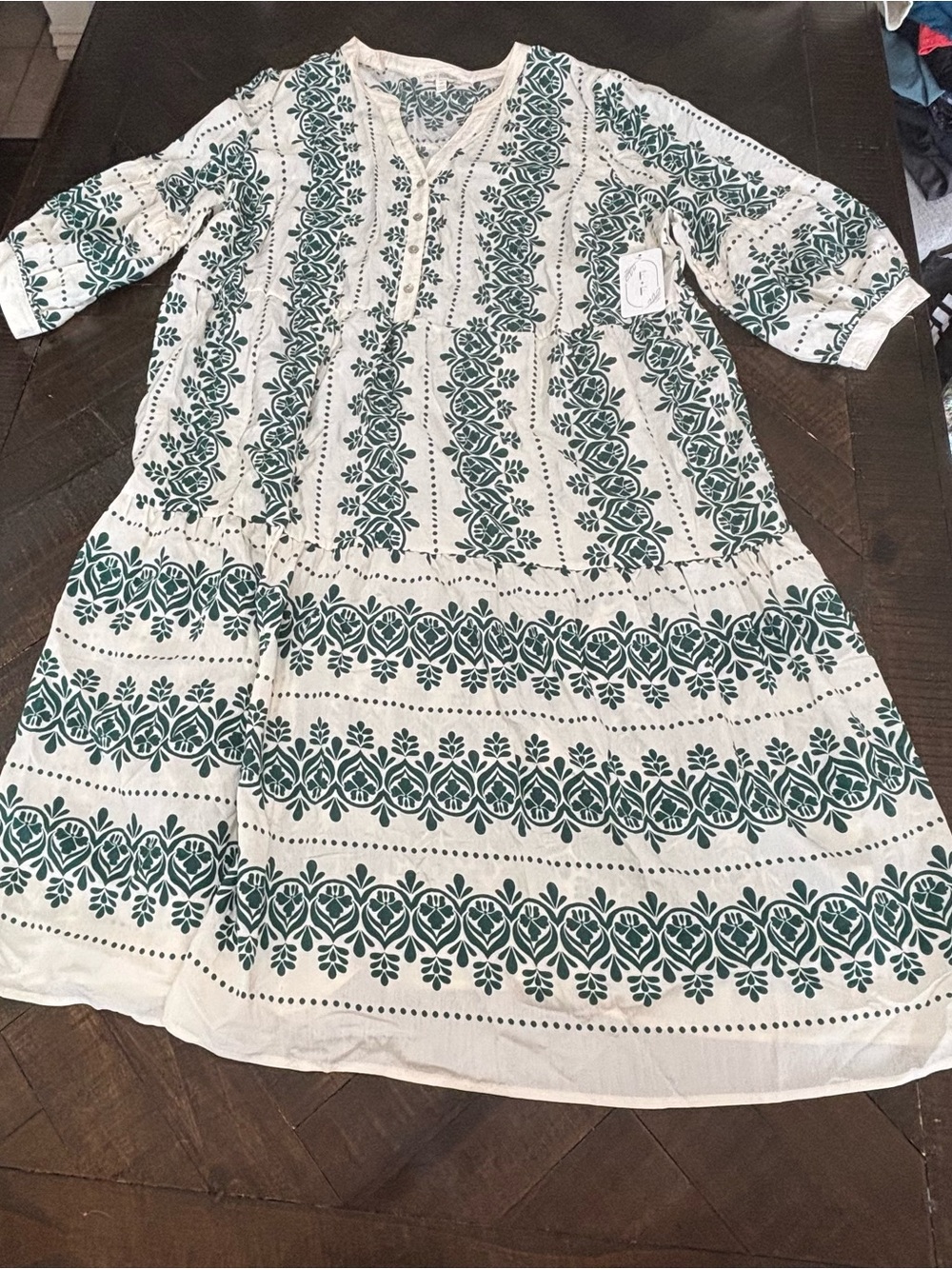 NWT Fig & Flower Green Ivory Tiered Flowy Bohemian Midi Dress 3XL